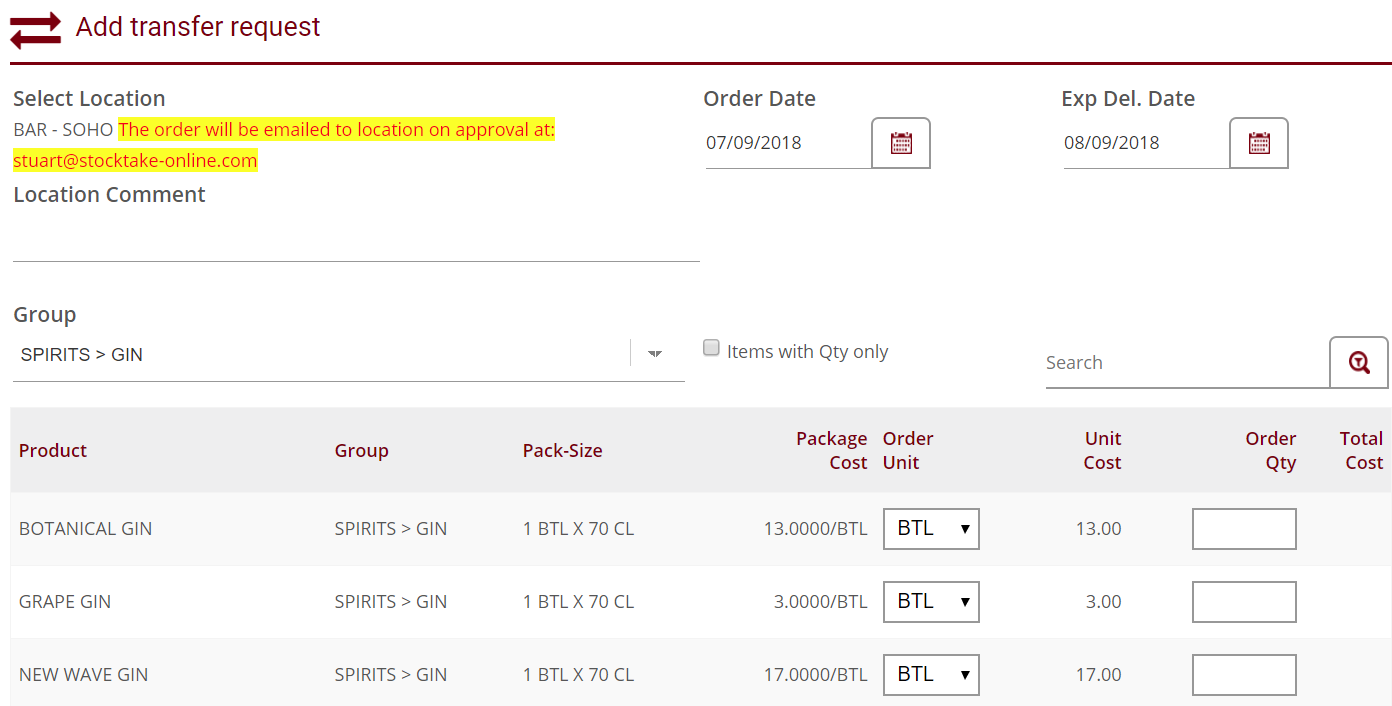 Request Transfer StockTake Online